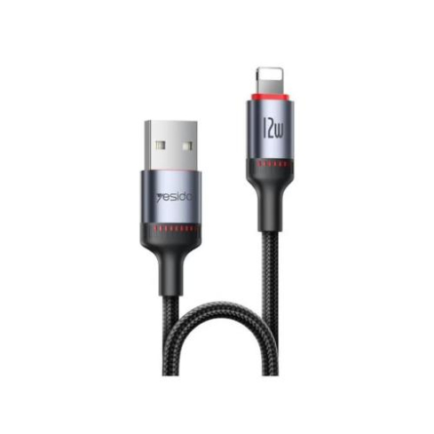كابل شحن ونقل بيانات Yesido CA129L بقوة 12 واط وتيار 2.4 أمبير، من نوع USB إلى 8 دبابيس، طوله 1.2 متر، لون أسود